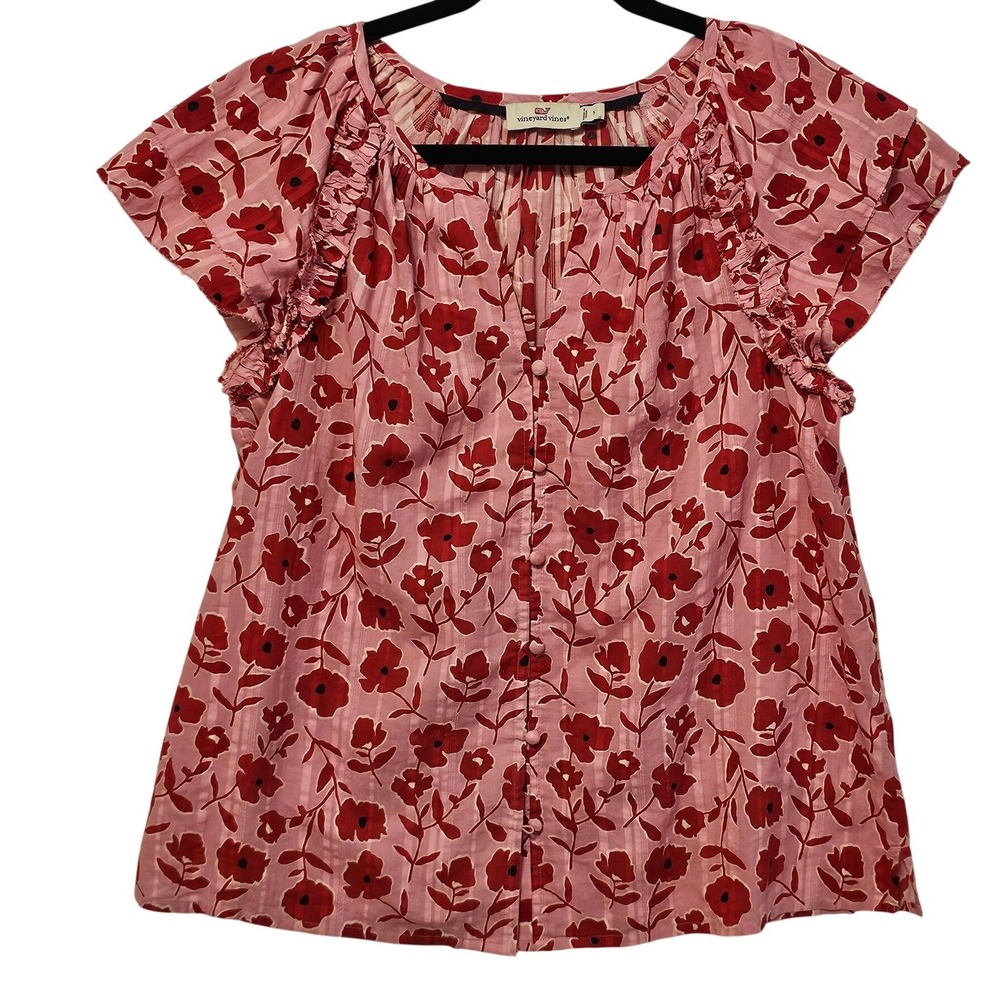 Vineyard Vines Pink Red Floral Poppy Ruffle Short Sleeve Cotton Blouse Small